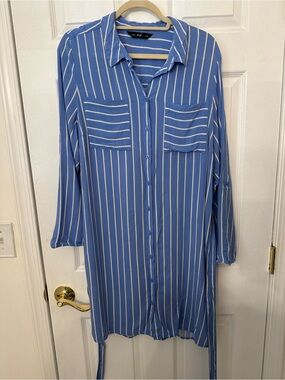 F&F Blue White Striped Roll Tab Sleeve Button Down Shirt Dress UK 16 EUR 44